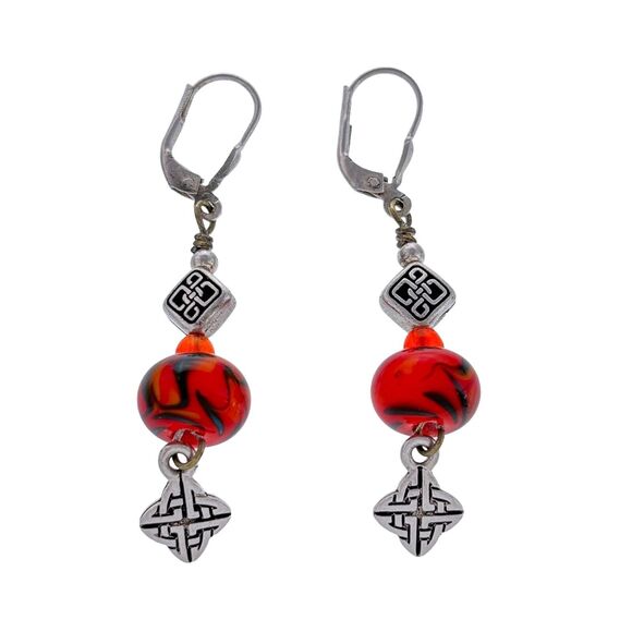 Vintage Sterling Silver 925 Red Glass Beaded Celtic Knot Dangle Earrings - Picture 2 of 6
